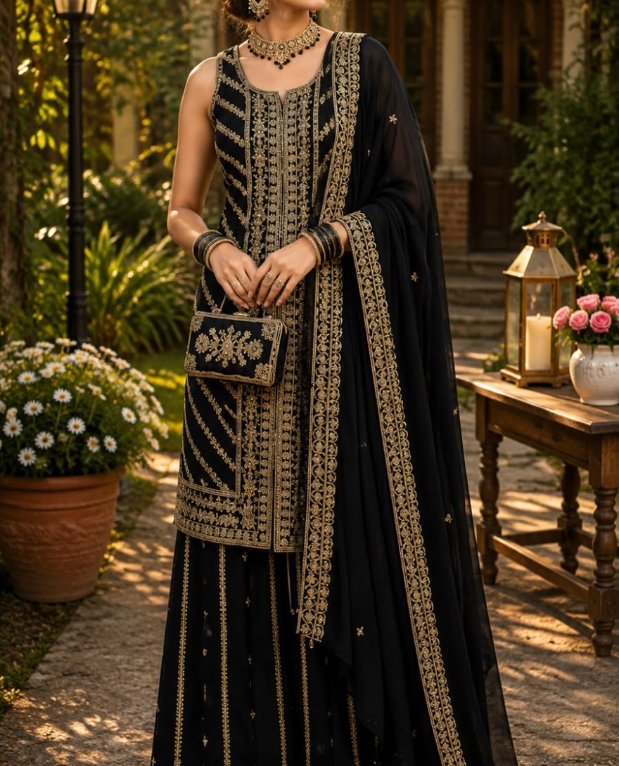 BLACK - Embroidered and Sequins Work Georgette Salwar Suit In Black Colour
